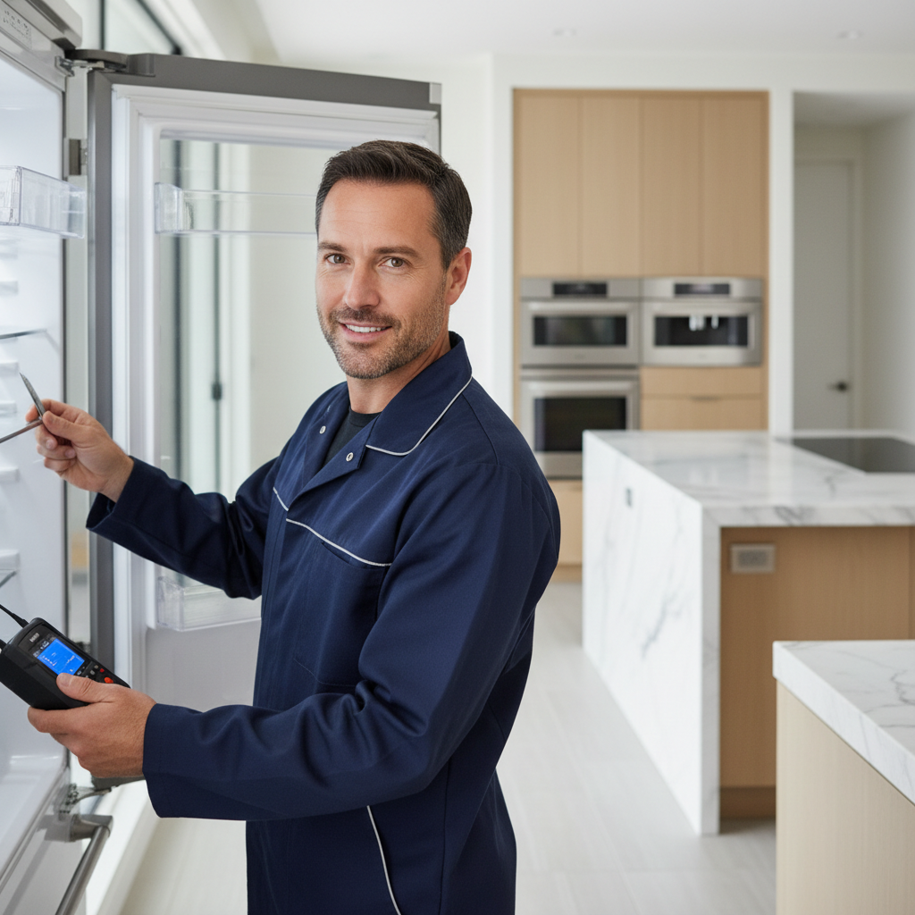 Professional appliance repair technician inspecting refrigerator